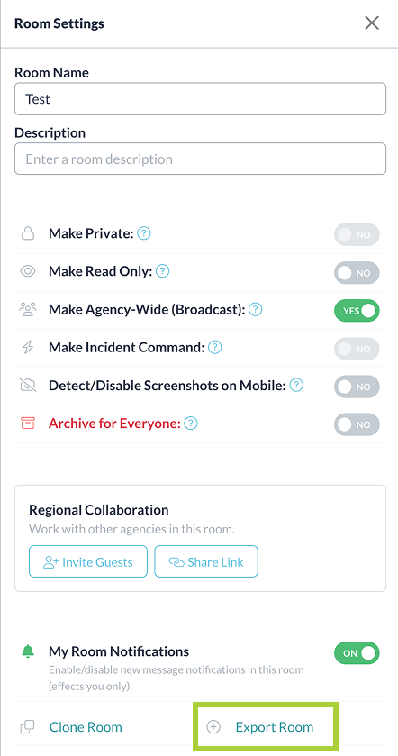 Screenshot of a “Room Settings” menu with options to set privacy, read-only, agency-wide broadcast, incident command, screenshot protection, and archive settings. The “Export Room” button is highlighted at the bottom.